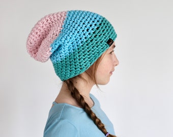 slouchy beanie women hat, thin airy cute pastel color block spring beanie, long striped cap women or men, teen oversize skate crochet beanie