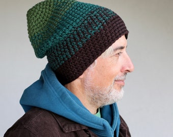 Handmade beanie green and brown, merino wool winter hat, crochet hat for hiking or skiing, colorful beanie men or women