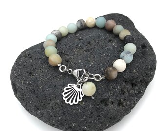 beaded bracelet for women, amazonite jewelry, blue bracelet with shell charm,  anniversary gift for girlfriend or wife