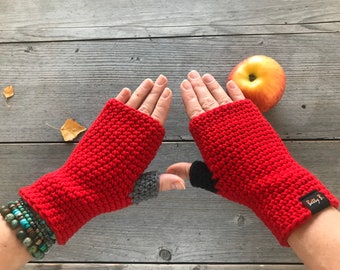 fingerless gloves women or men, hand warmers red, merino wool handmade mittens, crochet arm warmers, smartphone gloves, gift for book lover