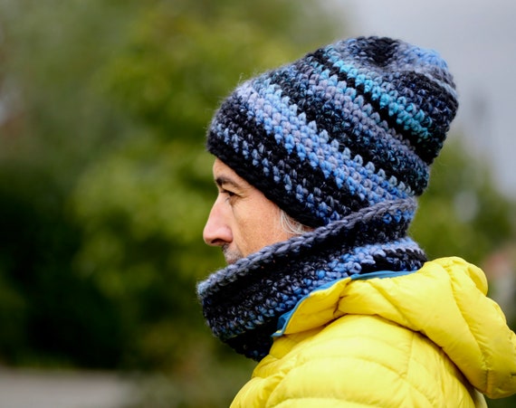 Ensemble bonnet et tour de cou d'hiver, ensemble noir et bleu foncé pour homme  ou femme, bonnet et col fait main, bonnet et cache-cou au crochet -   France