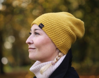 merino wool beanie hat mustard yellow,  simply crochet hat for women and men, thin slouchy beanie for minimalist