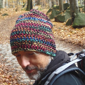 colorful mens hat, crochet hat in autumn colors, winter beanie unisex, vegan accessory for outdoor activities