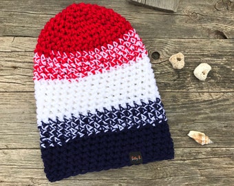 slouchy beanie hat men or women, thin acrylic crochet beanie, white navy blue and red ombre stripes, airy long beanie for hiker or surfer