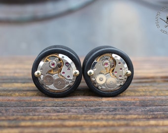 Steampunk Wooden Plugs With Clockwork