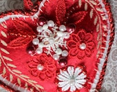 Red embroidered heart ornament with a secret pocket, Red wedding gift for the couple, Beaded Heart anniversary gift with secret message