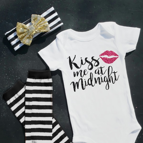 Kiss Me At Midnight - New Year's Eve 2016 2017 - Baby Onesie Bodysuit - Legwarmers - Winter Christmas - Boy Girl Unisex Shower Gift