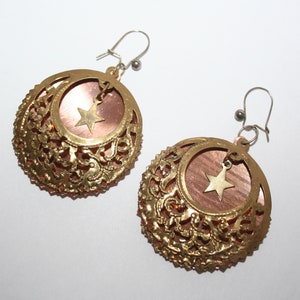 Vintage hand crafted ethnic filigree copper and brass star drop earrings (new & unworn)