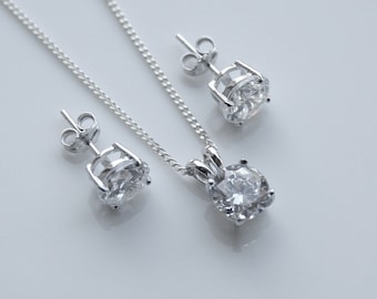 925 Sterling Silver 7mm 3.75CT Round Cut CZ Cubic Zirconia Earrings, Pendant & Chain Set