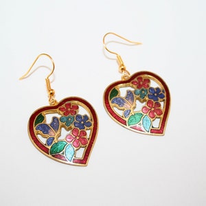 Vintage colorful cloisonné and floral heart drop earrings (new & unworn)