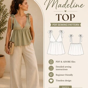 May include: A PDF sewing pattern for the Madeline Top, featuring a sage green sleeveless top with tie-shoulder straps and a deep V-neckline. The pattern includes technical line drawings, PDF and Adobe files, and sizing from US 2-12.