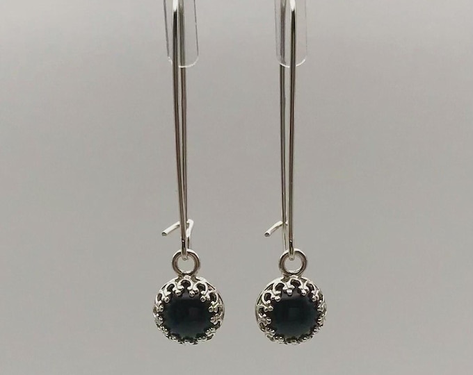 Sterling Silver .925 Black Onyx 8mm Round Bezel Gallery Sterling Dangle Earring