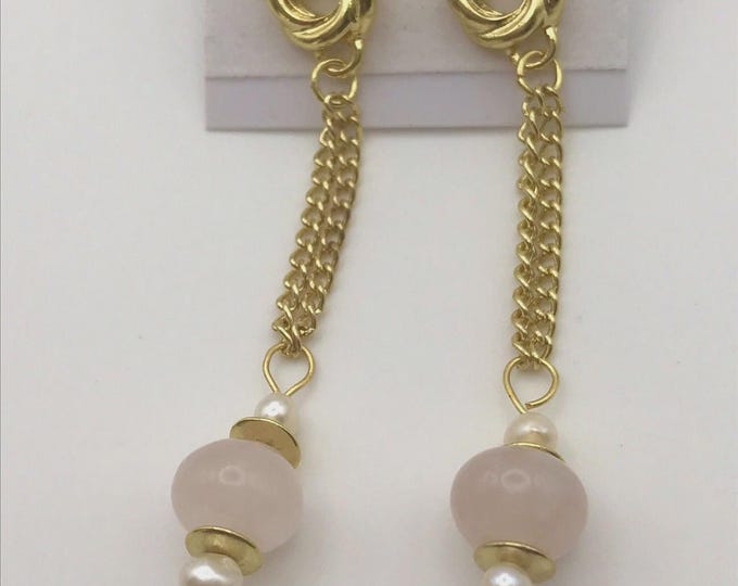 Yellow Gold Plated Chain Post Style Earrings w/Pink Rose Quartz & Pearl Dangles