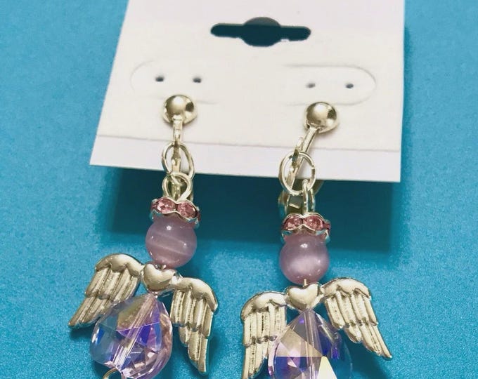 Handmade Angel Clip on Earrings Pink Cats Eye Heart Bead Silver Colored Wings