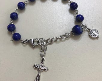 Blue Colored Lapis Lazuli Rosary Bracelet with Crucifix Silver Color & Extender