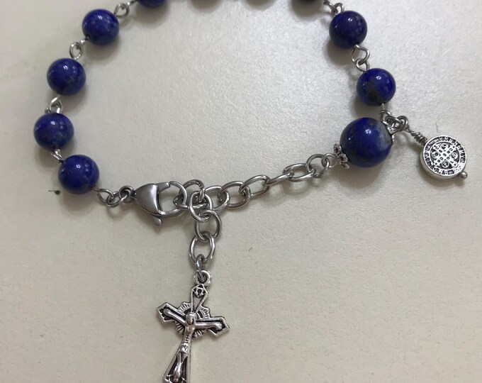 Blue Colored Lapis Lazuli Rosary Bracelet with Crucifix Silver Color & Extender