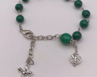 Green Malachite Round Gemstone And Silver Color Rosary Bracelet