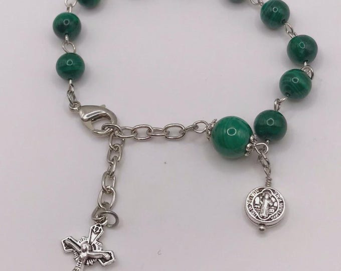 Green Malachite Round Gemstone And Silver Color Rosary Bracelet