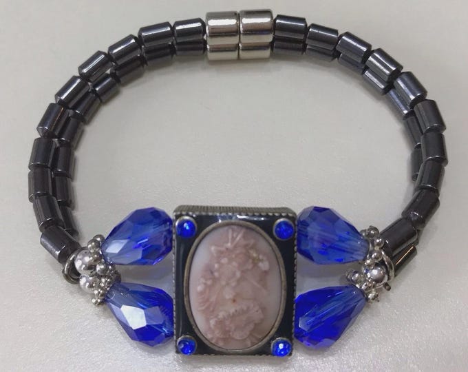 Blue Beige Focal Magnetic Hematite Double Stranded Bracelet w/ Magnet Clasp