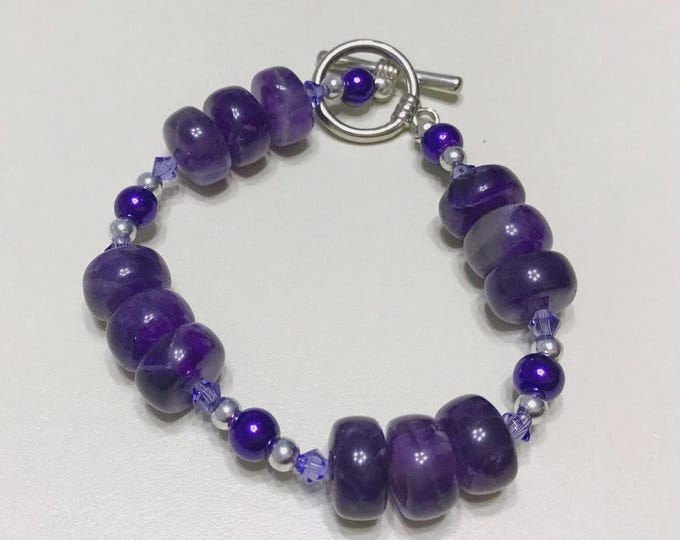 Bracelet Purple Amethyst Semiprecious Stone Beads W/Silver Plated Toggle