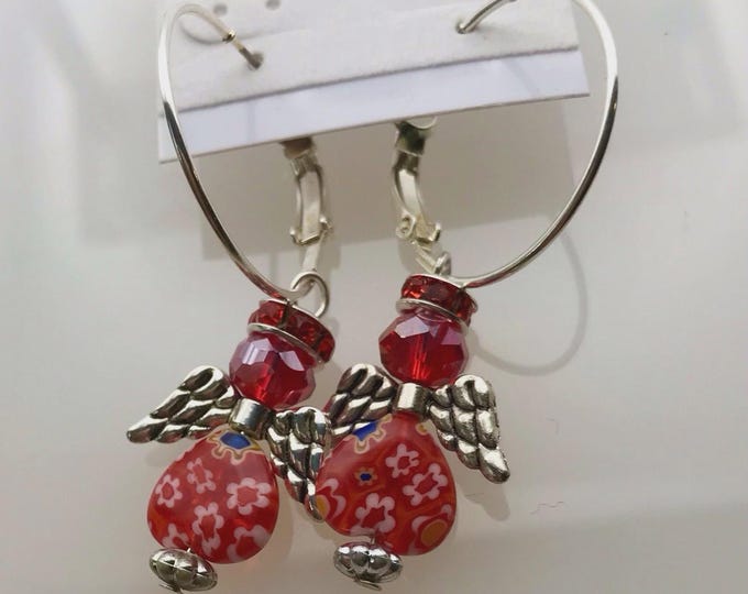 Hoop Earring with Red Handmade Angels Rhinestone Silver Color