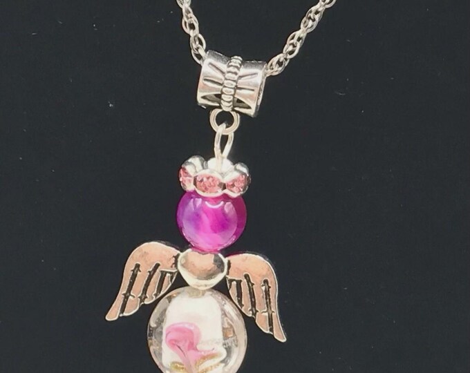 Handmade Angel Pink White Silver Pendant Stainless Steel Rope Chain Necklace