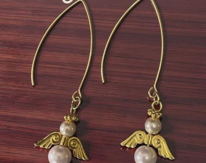 Pink Glass Pearl Gold Angel Wings Long Dangle Hook Style Earrings