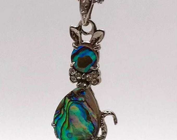 Cat Pendant Abalone Rhinestone Accent Chain Necklace Lobster Clasp approx. 18 "