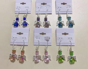 Angel Wing Earrings Dangle Rhinestone Pink Purple Green Coral Aqua Blue Pick One