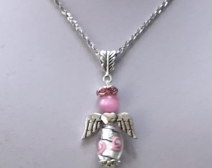 Handmade Angel Crystal Pink Cat's Eye Pink Black Glass Bead Rope Chain