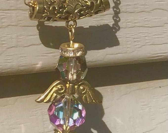 Angel Necklace Crystal Bead flashes color Glass w/Wings Gold Plated Rolo Chain