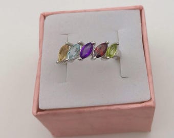 Amethyst, Citrine, Lt. Blue Topaz, Garnet, Peridot Sterling Silver Ring 1.07 ctw