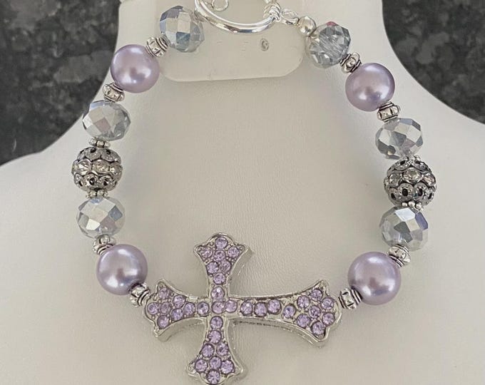 Lavender Purple Cross Rhinestone Silver Plated Bracelet Glass Pearls w/Accents