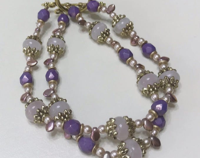 Bracelet Double Strand Gold Plated w/Pink Quartz & Purple Beads Magnetic Toggle