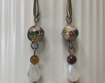 Copper Hook Style Dangle Earrings Brown Cloisonne' And Milky Tear Drop Beads