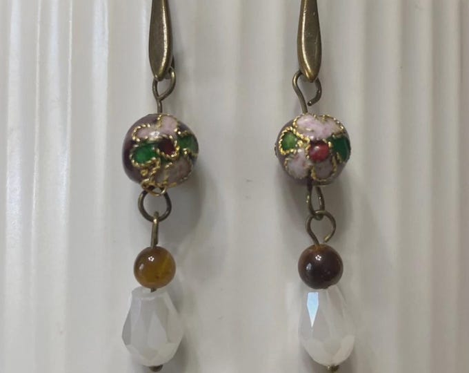 Copper Hook Style Dangle Earrings Brown Cloisonne' And Milky Tear Drop Beads