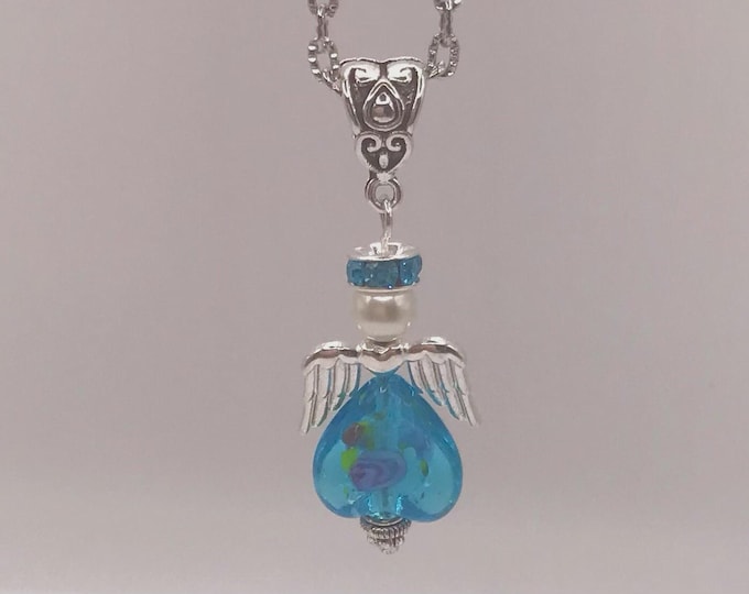 Handmade Angel w/Wings Blue Pink Heart Blue Rhinestone Pendant Necklace w/chain