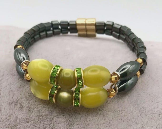 Magnetic Hematite Green tones Double Stranded Bracelet Strong Magnet Clasp Gold