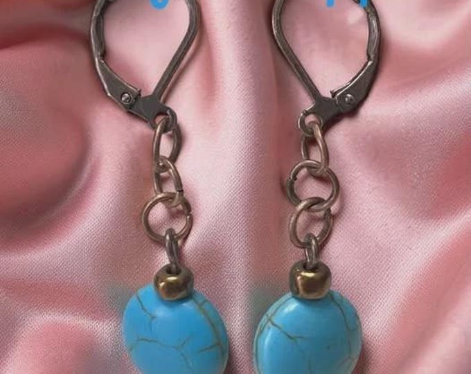 Antique Copper Turquoise Colored Howlite Dangle Earrings Leverback