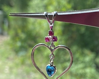 Handmade .925 Sterling Heart Blue Topaz Dangle Gemstone Bail Sterling 18" Chain