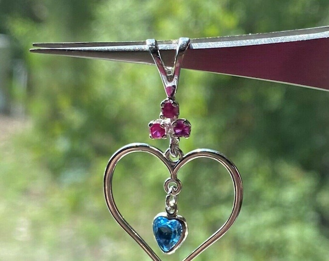 Handmade .925 Sterling Heart Blue Topaz Dangle Gemstone Bail Sterling 18" Chain