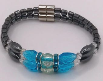 Blue Magnetic Blue Rhinestone Hematite Double Stranded Bracelet w/ Magnet Clasp