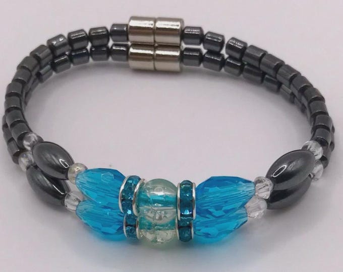 Blue Magnetic Blue Rhinestone Hematite Double Stranded Bracelet w/ Magnet Clasp