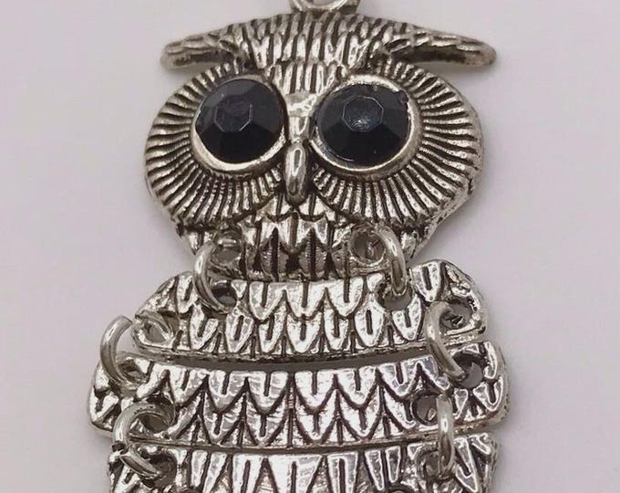 Owl Necklace Antique Silver Color Black Eyes Stainless Steel Figaro 18" Chain