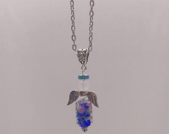 Handmade Angel w/Wings Blue Pink Black Blue Rhinestone Pendant Necklace w/chain