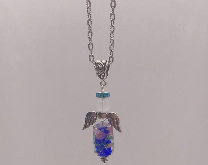 Handmade Angel w/Wings Blue Pink Black Blue Rhinestone Pendant Necklace w/chain