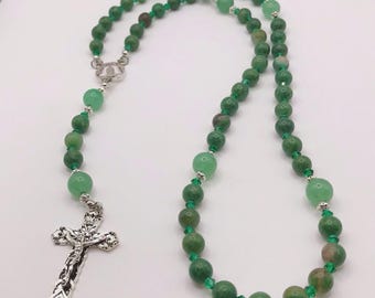 Handmade Rosary Beads African Turquoise Green Bicones & Aventurine Crucifix