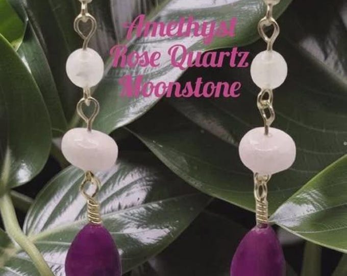 Gold Color Plated Amethyst Rose Quartz And Moon Stone Style Dangle Earrings