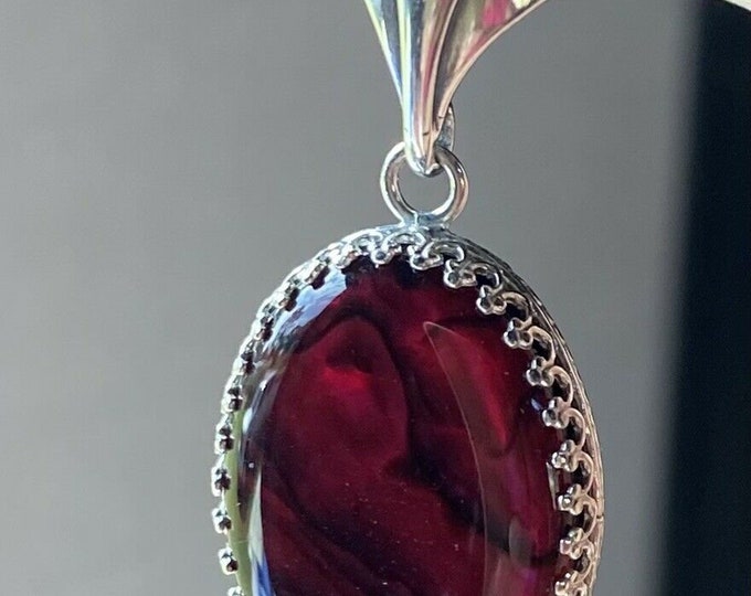 Hand Made .925 Sterling Bail, Gallery Bezel & Rope Chain Burgundy Paua Shell