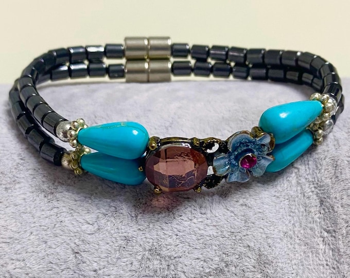 Blue Turquoise Colored Accents Magnetic Hematite Double Bracelet w/Magnet Clasp